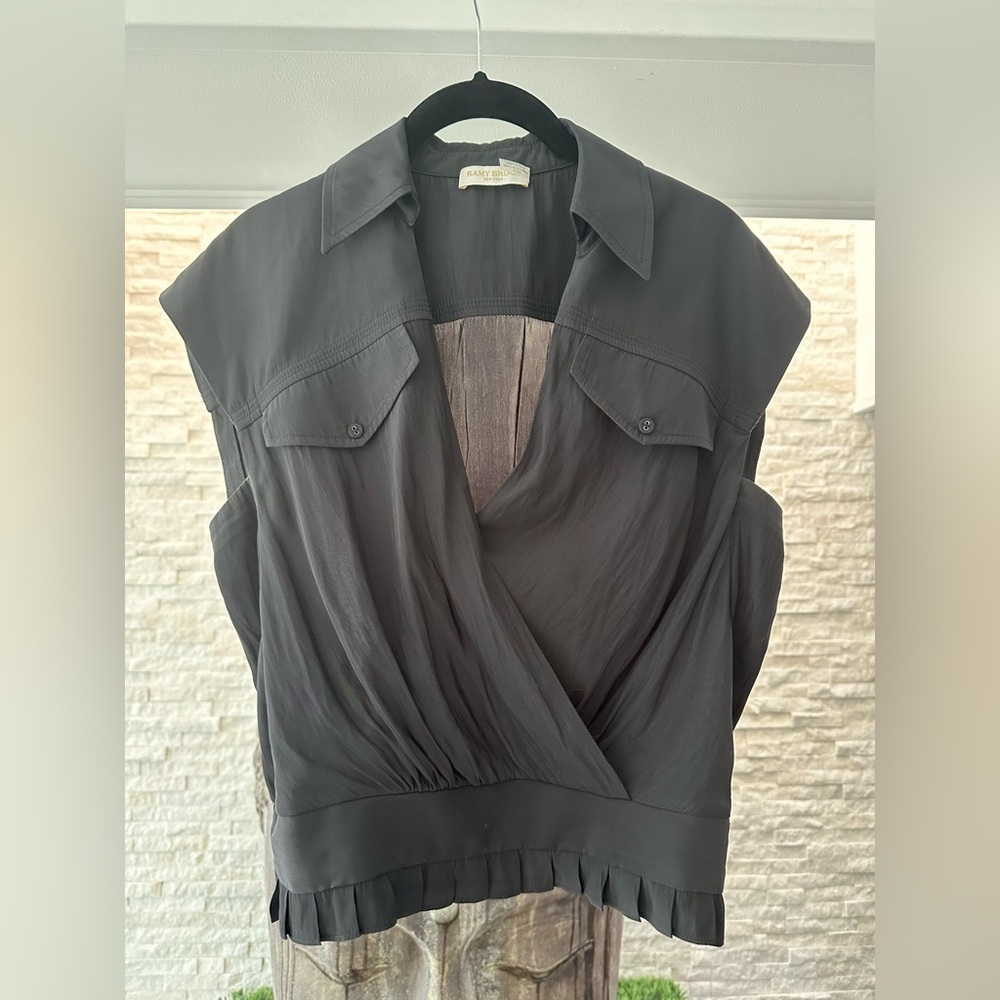 Ramy Brook Sleeveless black cinch waist wrap v neck top xs